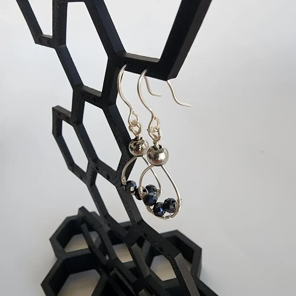 Teardrop Earrings Handcrafted Copper Wire, Silver Plated, Tourmaline, 1.75 in